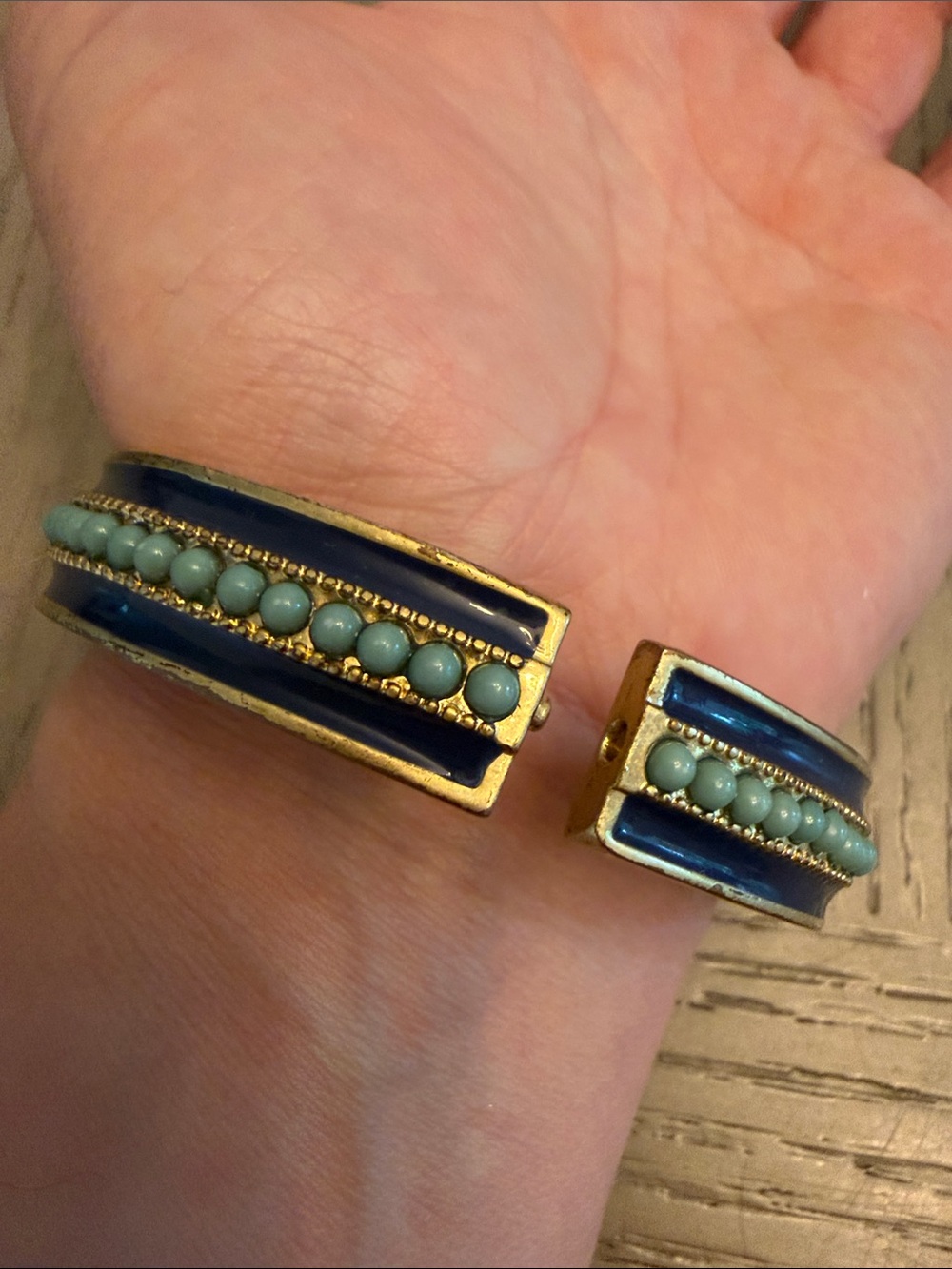 Boho Blue and Turquoise Beaded Hinged Bangle Bracelet - Women Accessories - Picture 2 of 3